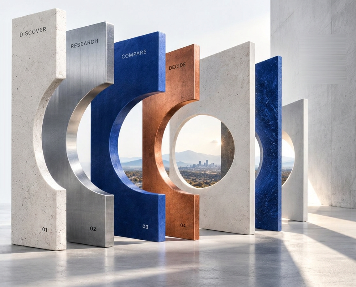Sculptural composition of aligned planes representing discover, research, compare and decide.