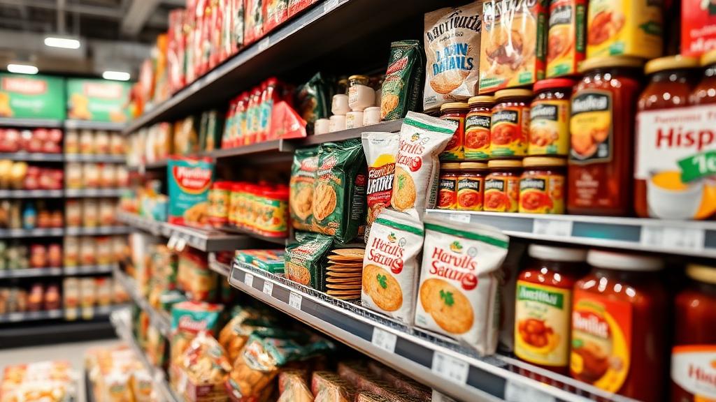 Hispanic food products on supermarket shelf